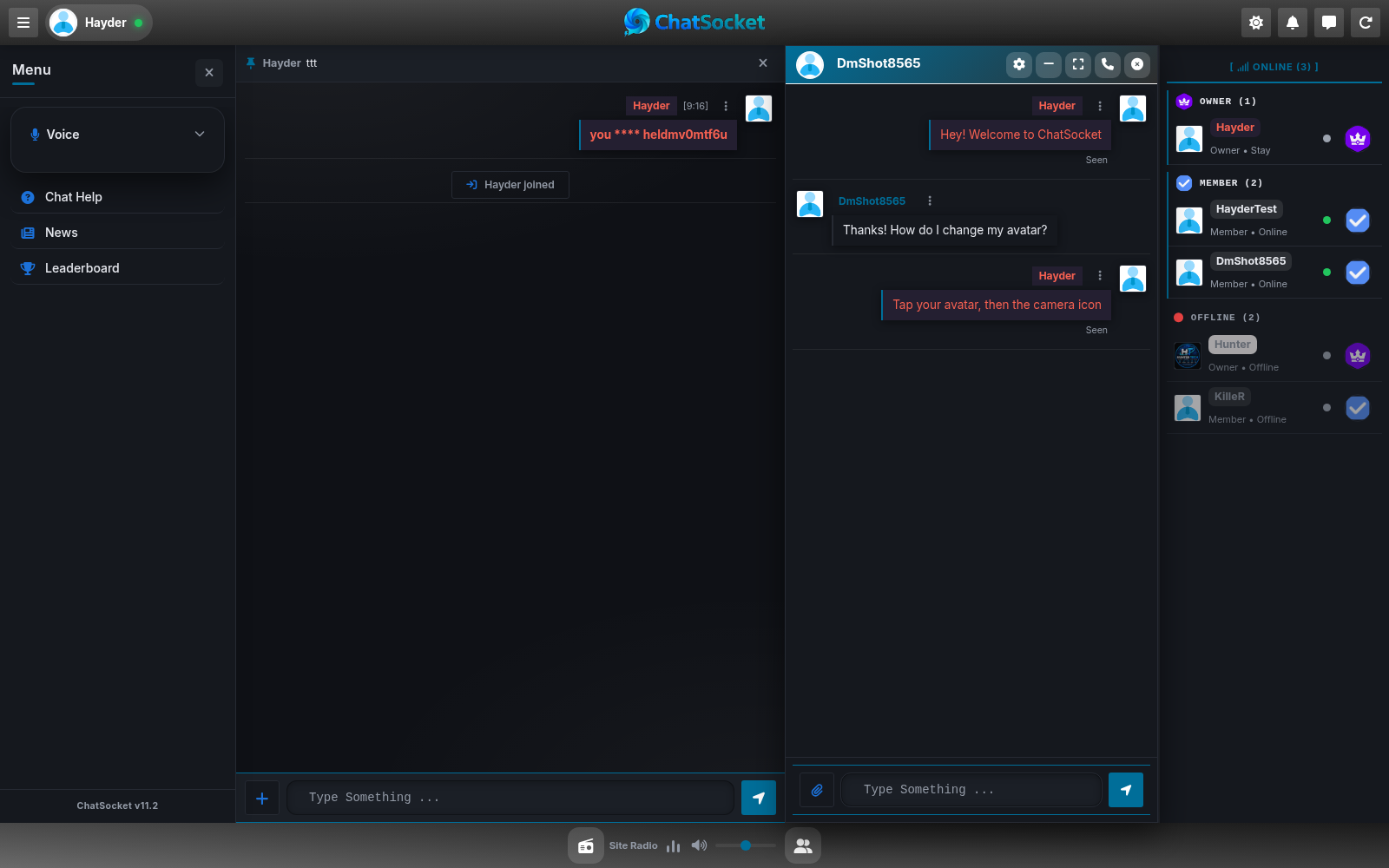 ChatSocket room with a direct message thread open beside the conversation