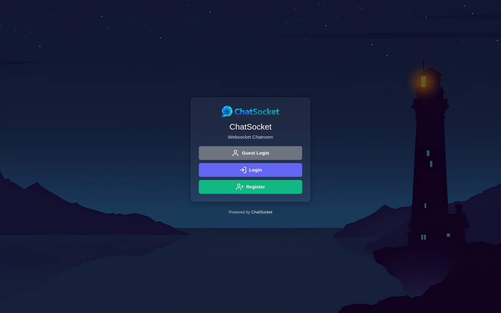 The ChatSocket room login screen showing the room logo with Guest Login, Login and Register buttons