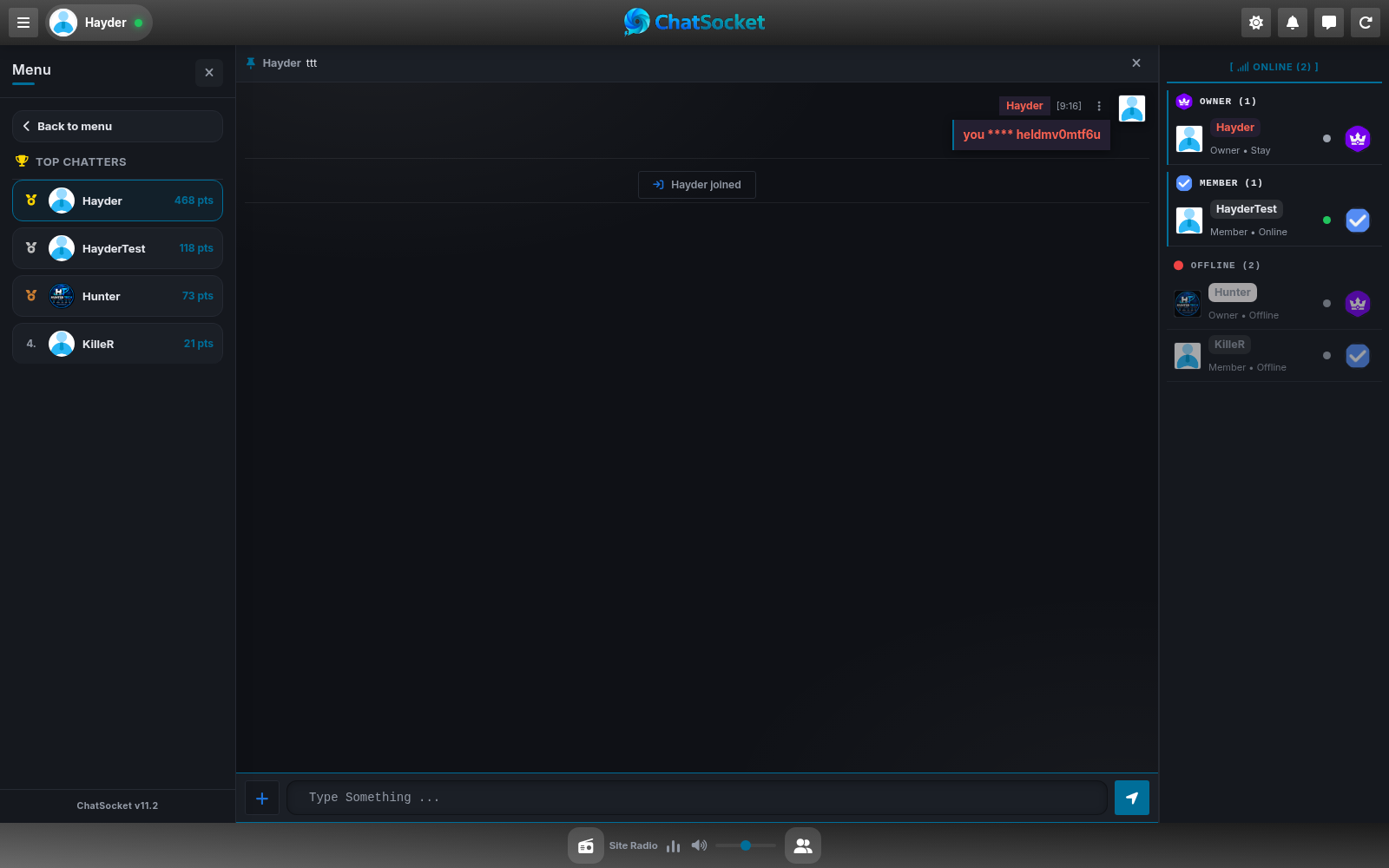 ChatSocket room with the points leaderboard open showing ranks and scores