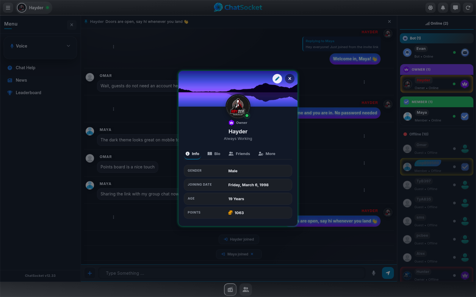 ChatSocket member profile card with cover art, badge and points