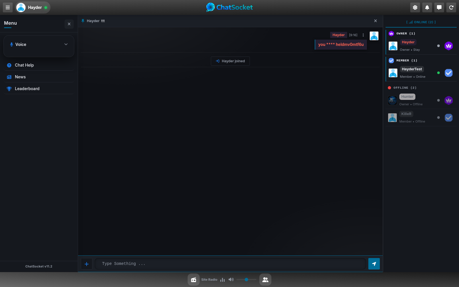 ChatSocket room with live messages, member list and ranks