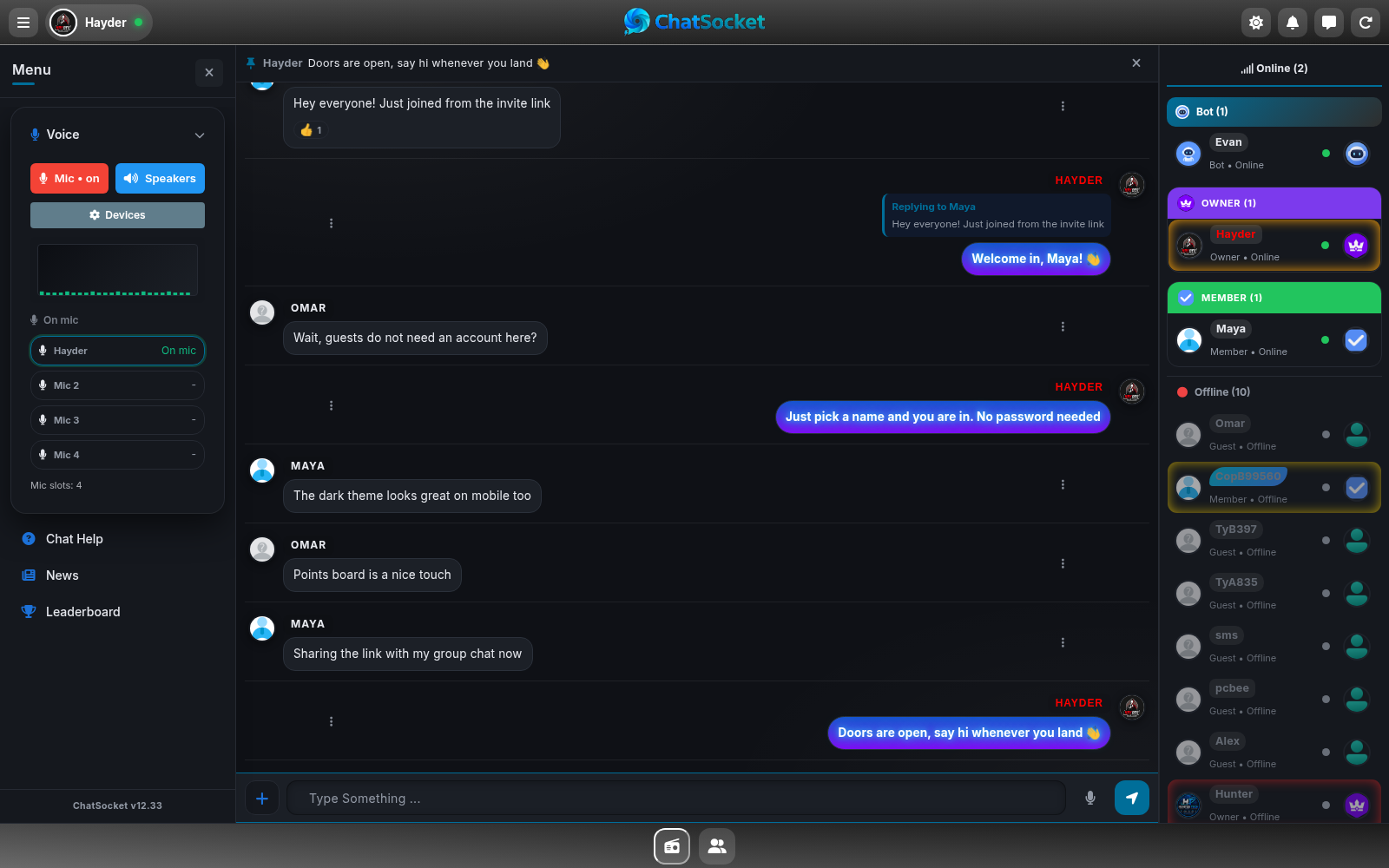 ChatSocket room with the voice panel open and the microphone live
